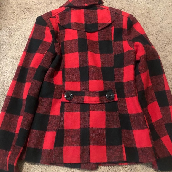 Rampage Plaid Pea Coat Black and Red - Picture 2 of 3